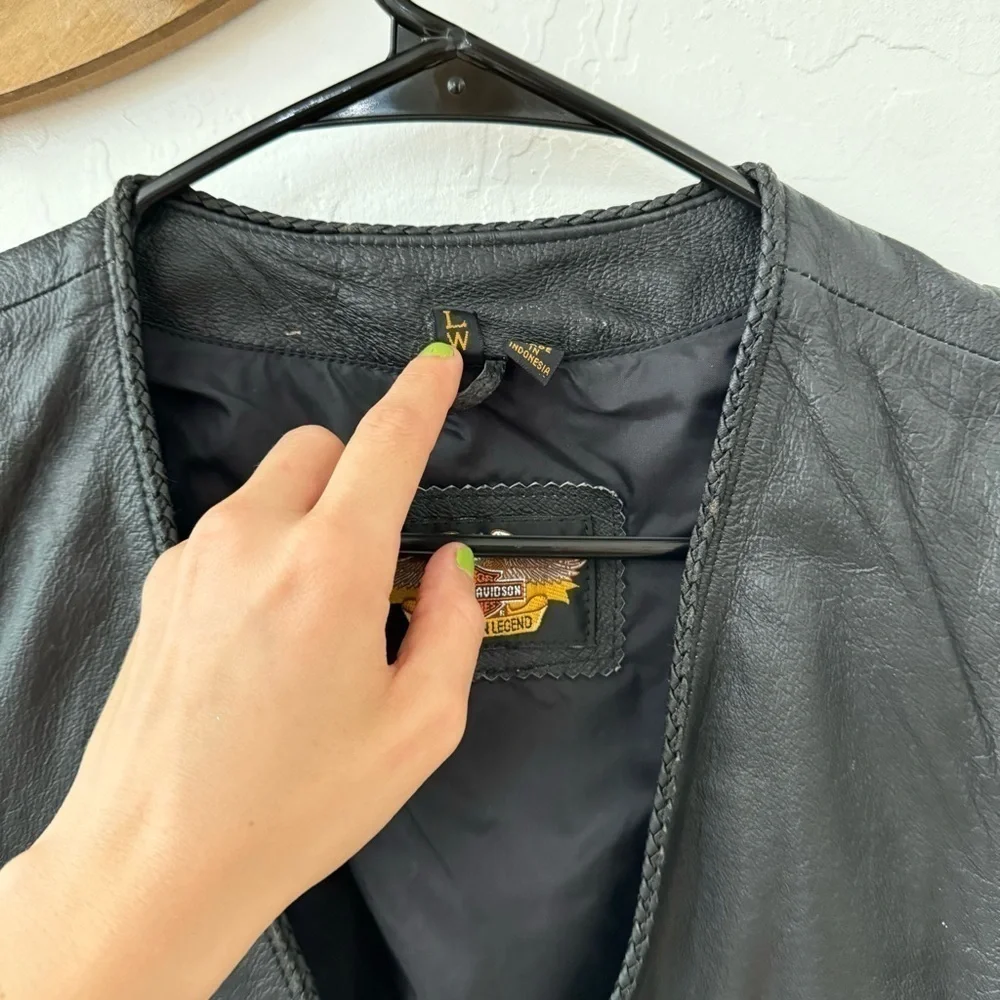 Harley Davidson Womens L Genuine Leather Zip Pocket Vest Biker Motorcycle Vtg